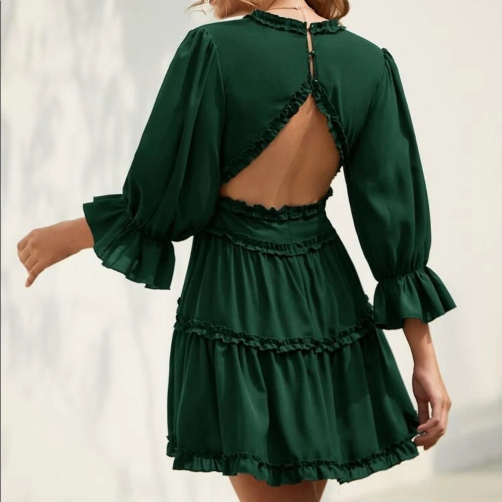 Open back 3/4 long sleeve ruffle tier boho dress - Picture 2 of 5